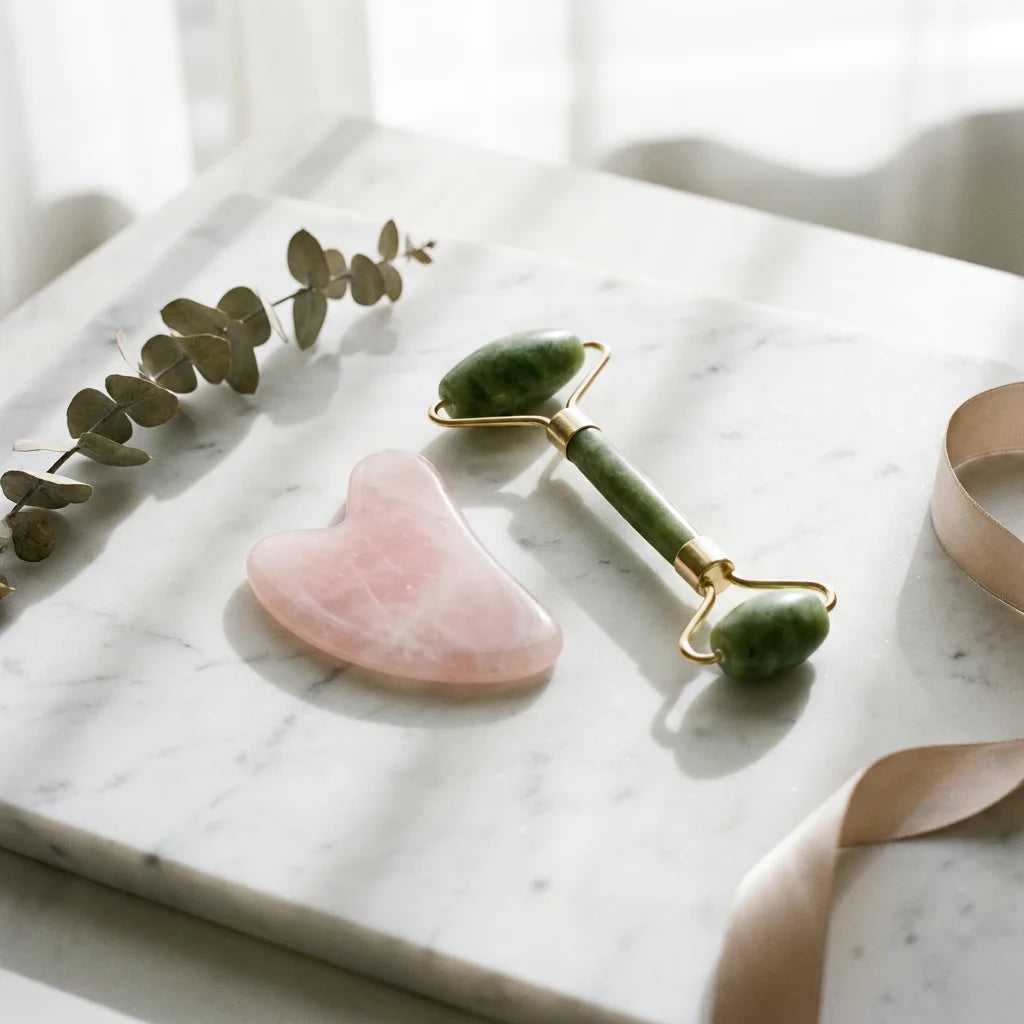 Velovia Natural Rose Quartz Gua Sha & Jade Roller Set